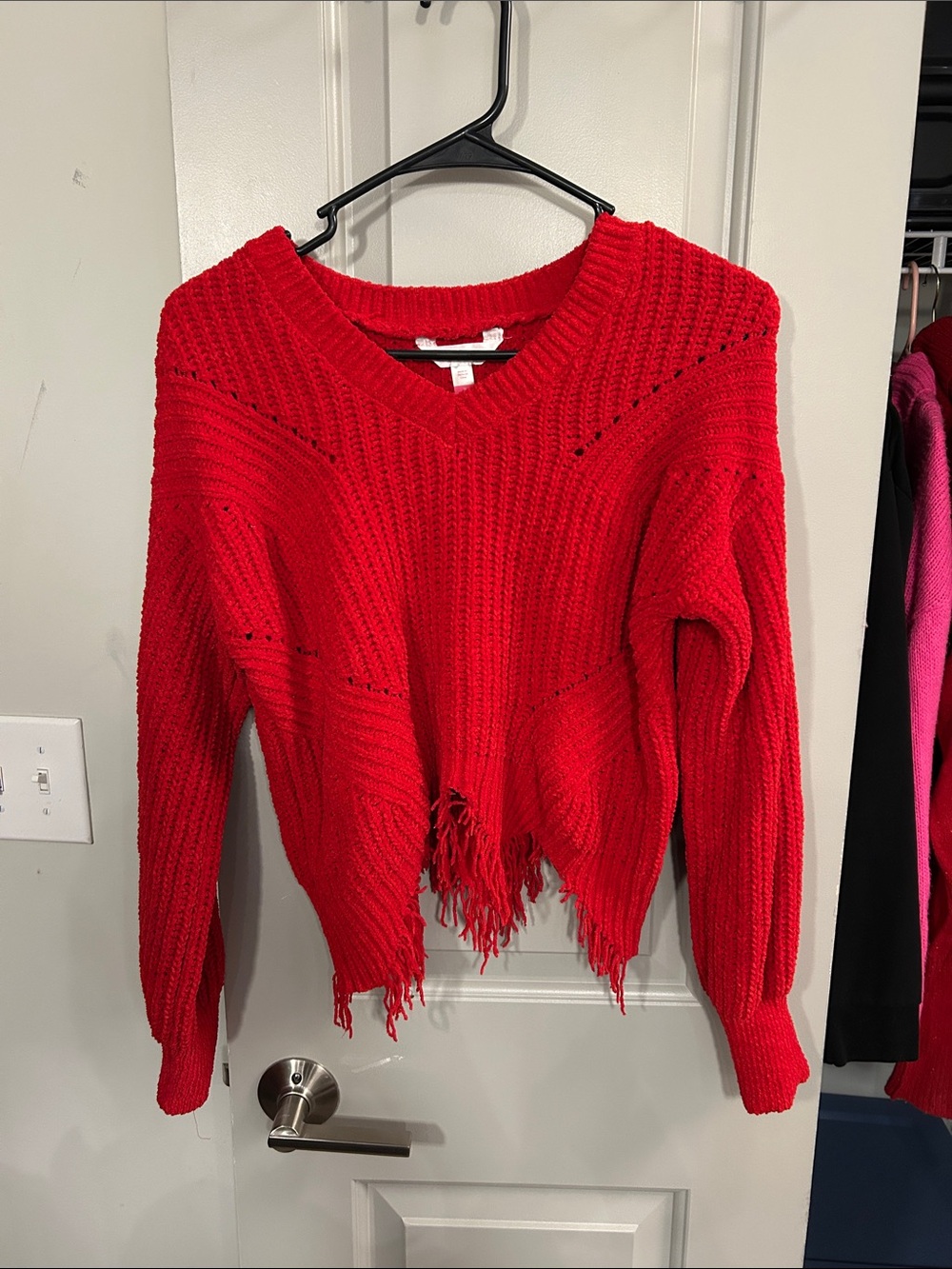 NWOT No Boundaries Red V-Neck Distressed Knit Sweater